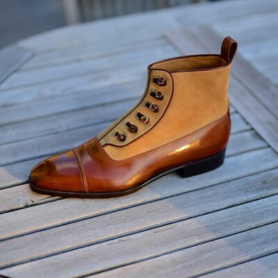 Men Brown Leather and Suede Ankle High Button Dress Boot