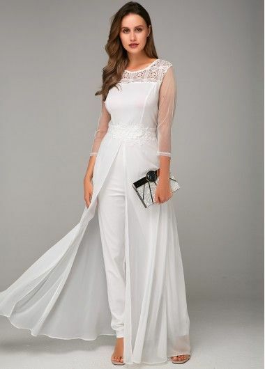 Simple Lace Wedding Jumpsuit with Detachable Shawl Bridal Gown