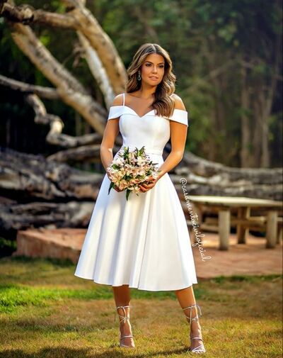 Simple Tea-length Boho Beach Wedding Dress Bridal Gown