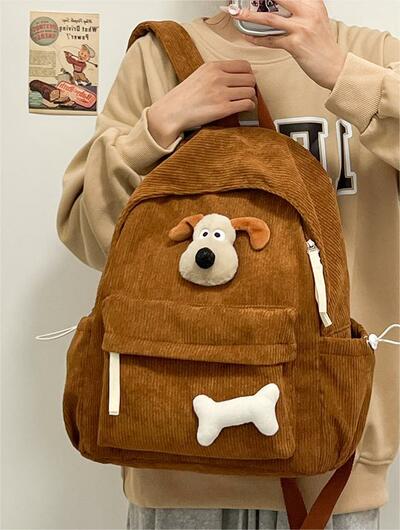 Harajuku Corduroy Backpack With Dog Pin