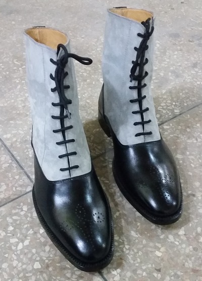 Black Calf and Grey Suede Leather Ankle High Dress Lace up Boot