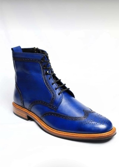 Crafted Leather Blue Wingtip Ankle High Lace up Dress Boot