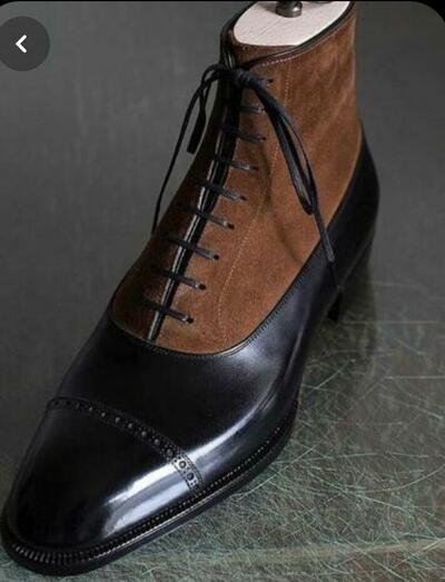Handmade Men's Brown Black Color Lace Up Boots, Leather & Suede High Ankle Boot