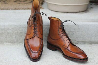 Handmade Men's Brown High Ankle Lace up Leather Boots