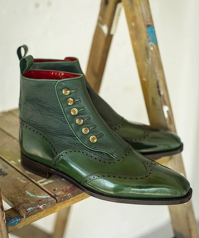 Handmade Mens Two Tone Green Leather Ankle High Button Formal Dress Boot