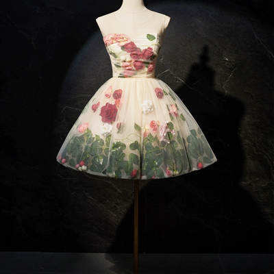 Champagne scoop neck short prom dress with flowers, cute a-line party dress - Thumbnail 1