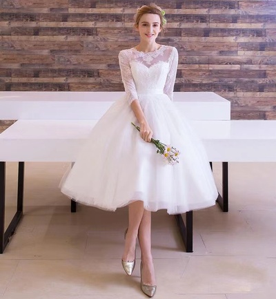 Long-sleeve Wedding Dress, White Bridesmaid Dress, Graduation Midi Dress