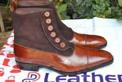 Crafted Leather Two Tone Men Brown and Crocodile Texture Contrast Leather Button Ankle Dress Boot