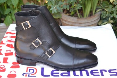 Crafted Leather Designer Triple Monk Strap Ankle High Black Leather Chukka Dress Boot
