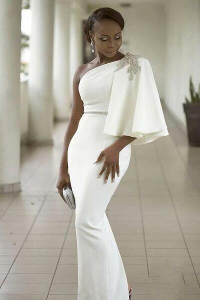 One Shoulder Ivory African Formal Prom Dress with Beading