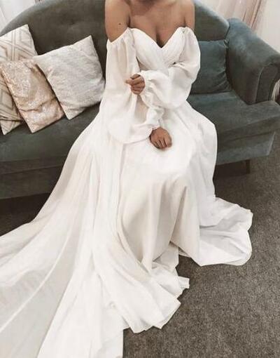 Off Shoulder Ivory Chiffon Prom Dress With Long Sleeves