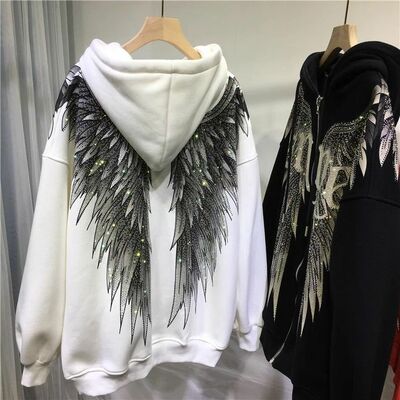 Heavy industry hot diamond light luxury front and rear wings hooded long-sleeved velvet jacket sweatshirt