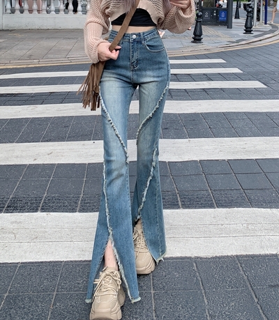 Stunning Punk Grunge Tassel Contrast Line Stitching Split Flare Jean Pants Y2K 90s Streetwear Party Nightclub Dance Amazing