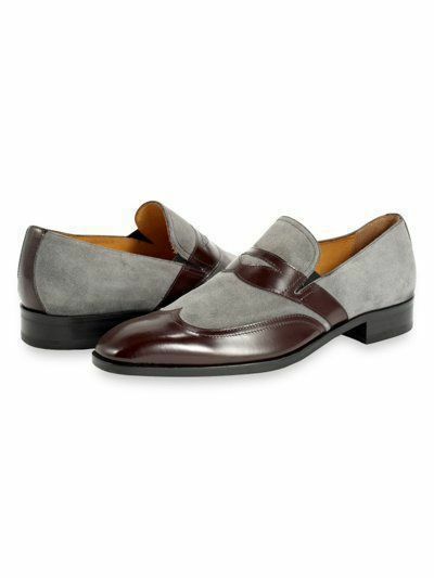 Mens Handmade Brown And Grey Leather Loafers