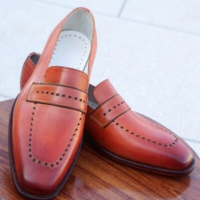 Crafted leather brown men loafers dress shoes for men - Thumbnail 5
