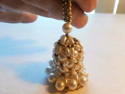 Pearl Christmas Holiday Bell Decor Gold Beads Hand Made Xmas Ornament