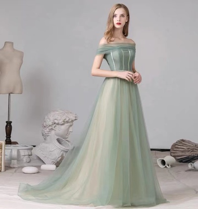 Fresh, Fairy Prom Dress, Off Shoulder Grass Green Party Dress , Chic Bridesmaid Dress