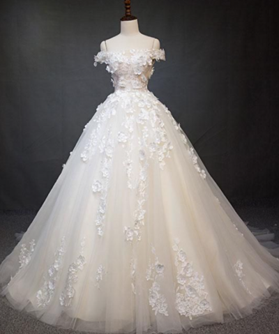 Tulle Lace Applique Long Prom Dress, White Lace Wedding Dress