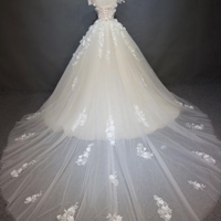Tulle Lace Applique Long Prom Dress, White Lace Wedding Dress - Thumbnail 1