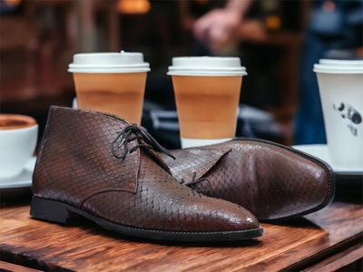 Men's Handmade Python Dark Brown Chukka Lace Up Boot, Fashion Boot