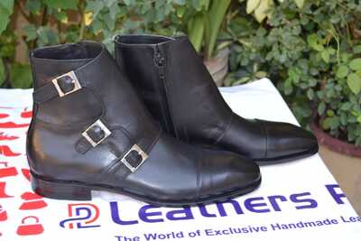 Crafted Leather Designer Triple Monk Strap Ankle High Black Leather Chukka Dress Boot