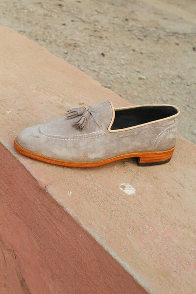 Gray Awesome Pure Suede Leather Tassel Loafers Dress Shoes For Mens