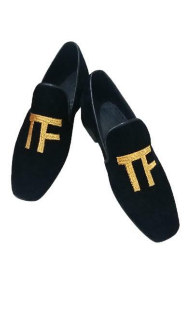 NEW Tom Ford Black Velvet Men Gold TF Monogram Logo Loafers Shoes
