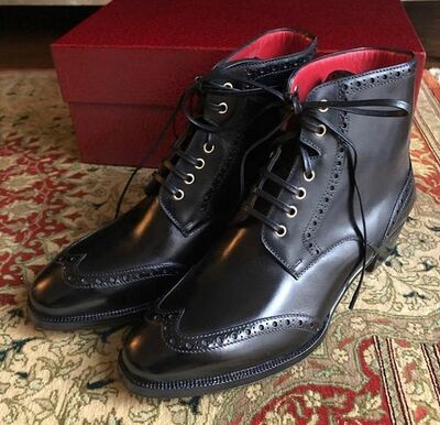 Handmade Men Black Calf Leather Wingtip Dress Boot