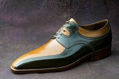 Handmade Men's Leather Stylish Lace Up Shoes, Men's Tan Green Color Derby Designing Shoes