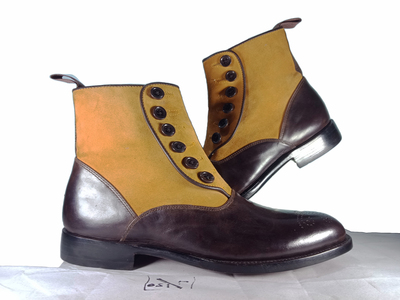 Men's Ankle High Button Boot Handmade New Men's 2 Tone Brown Suede Leather Boot