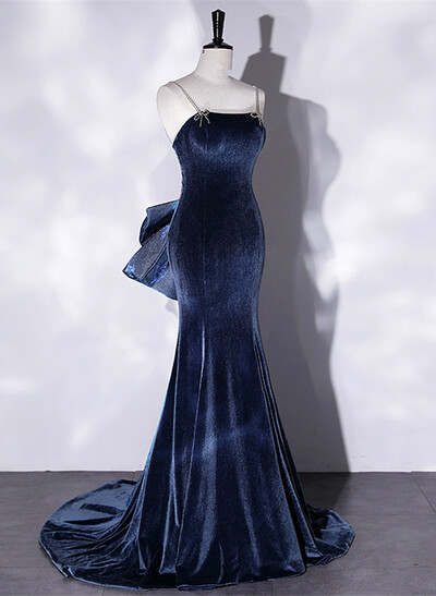 spaghetti Strap Prom Dresses, Blue Evening Dresses Velvet Party Dresses