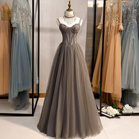 spaghetti Straps Tulle Evening Gowns Gray Beaded Party Dresses - Thumbnail 1