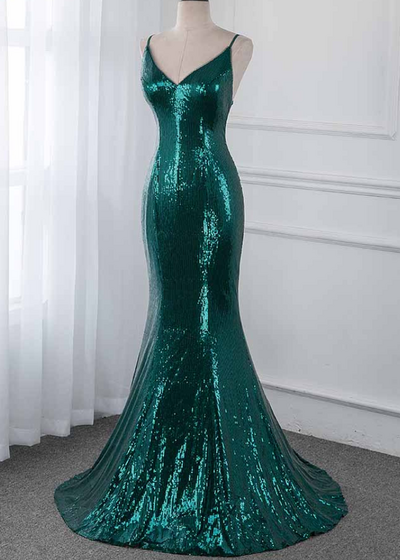 glitter Dark Green Mermaid Sequins Prom Gown Elegant Formal Evening Gown
