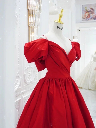 princess Red Prom Dress Long With Short Puffy Sleeve Formal Evening Gown Women Elegant