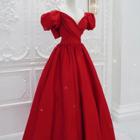 princess Red Prom Dress Long With Short Puffy Sleeve Formal Evening Gown Women Elegant - Thumbnail 1