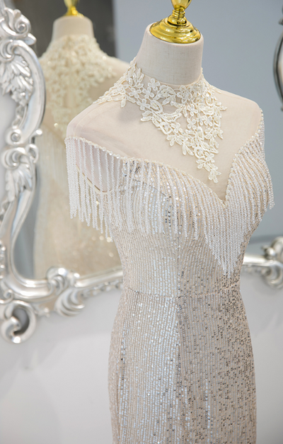 silver Evening Gowns High Feeling Celebrity Temperament Fishtail Hostess Gowns