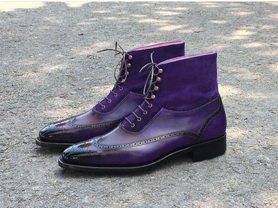 Handmade Leather Suede Wing Tip Brogue Boot, Men's Purple Color Lace Up Boot