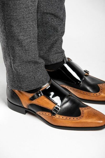 Two Tone Patent Tan Black Double Buckle Monks Wing Tip Brogue Toe Leather Shoes