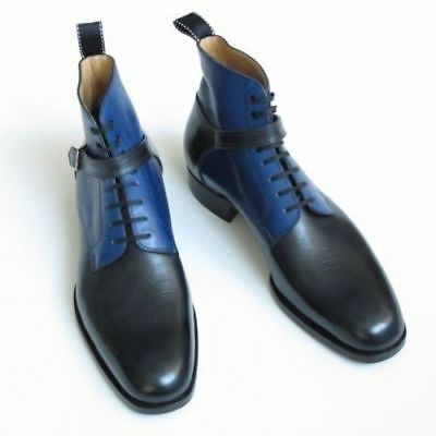 Handmade Jodhpurs Two Tone Style Men Leather Black Blue High Ankle Lace up Boots