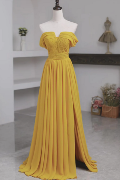 Off the Shoulder Yellow Chiffon Long Prom Dresses, Off Shoulder Yellow Long Formal Evening Dresses KPP1604