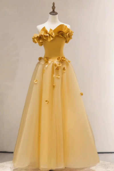 Strapless Yellow Floral Long Prom Dresses, Strapless Yellow Long Formal Evening Dresses KPP1606