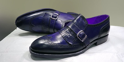 Handmade Blue Color Monk Single Buckle Strap Stylish Leather Wing Tip Men Shoes