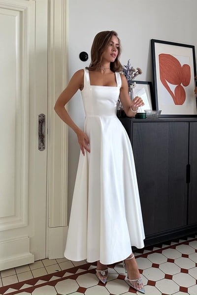 Square Neck A-line Informal Wedding Gown Tea Length