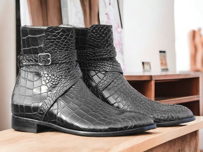 Handmade Men's Jodhpurs Ankle High Black Alligator Textured Boot, Luxury Boot
