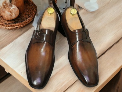 Bespoke Men's Single Buckle Brown Leather Loafers Shoes, Slip On Moccasin Shoes