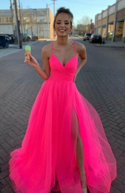 A Line Hot Pink Tulle V Neck Prom Dresses
