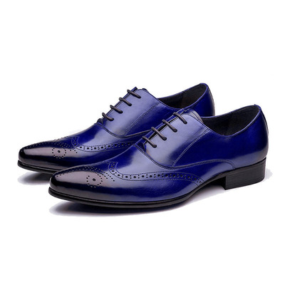 Burnished Brogue Toe Blue Oxford Wing Tip MadeToOrder Genuine Leather Men Shoes