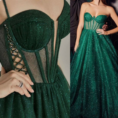 Sparkly Prom Dresses Green Floor Length Corset