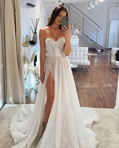 Sparkly A Line Sweetheart Sequins Long Wedding Dresses,960