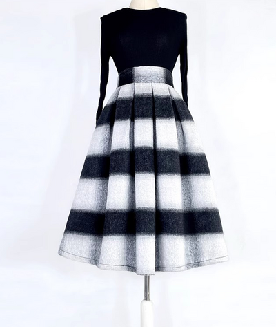 Winter Striped Midi Pleated Skirt Women Warm Pleated Holiday Skirt Outfit Wool-blend Party Midi Skirt Plus Size